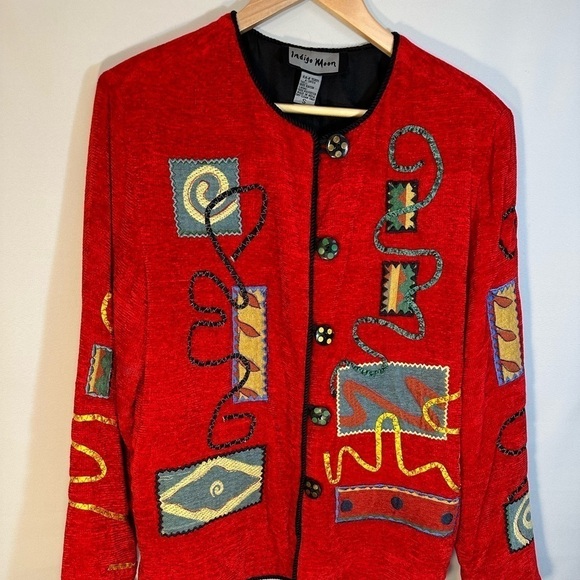 Indigo Vintage Front Button Long Sleeve Blazer Jacket Patchwork Wearable Art S - Picture 2 of 9